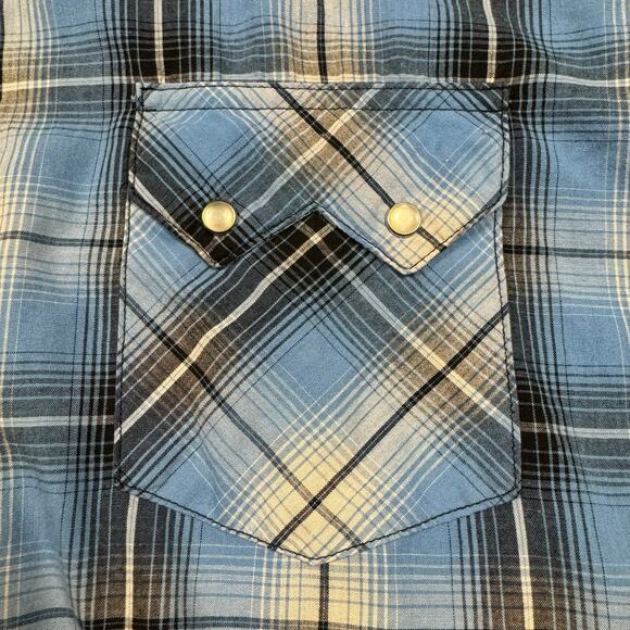 Pearl Snap Western Shirt Men's 3XL Wrangler Plaid Blue Long Sleeve Button Up - Picture 4 of 7